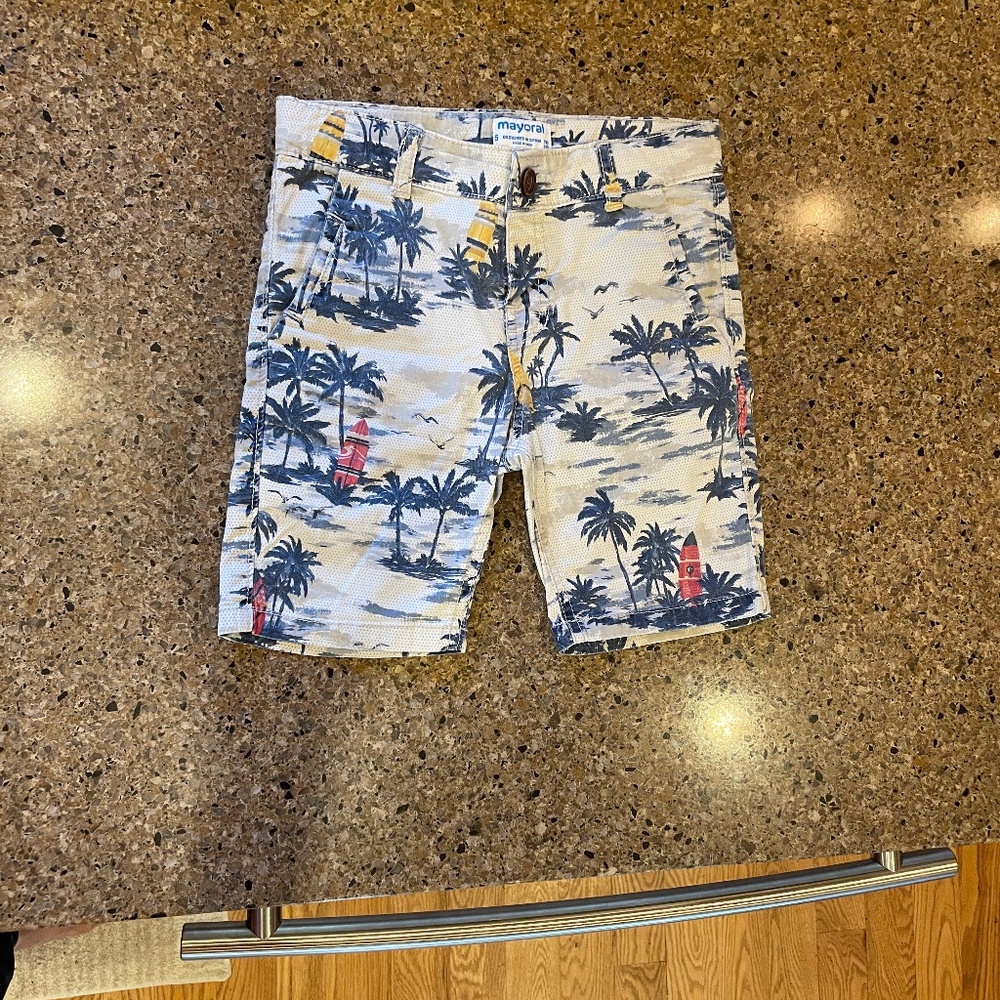 Boys Palm Print Shorts - Navy and Cream